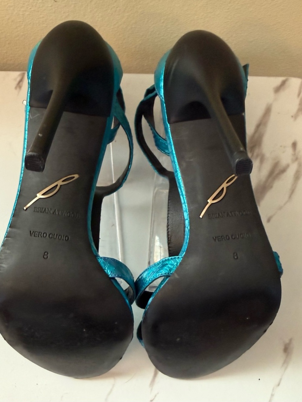 Brian Atwood Laetitia Turquoise Metallic Strappy Stiletto Sandals, GUC, Size 8 - Picture 10 of 14